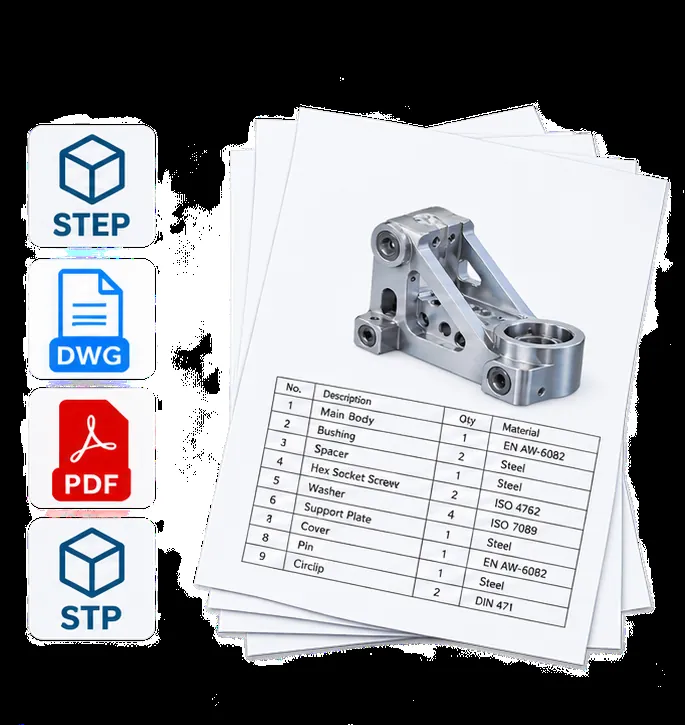 Φάκελος παράδοσης: αρχεία STEP, DWG, PDF και λίστα υλικών